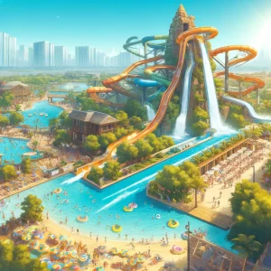 Aquaventure Waterpark featuring towering water slides, a lazy river meandering through lush tropical landscapes, and bustling activ